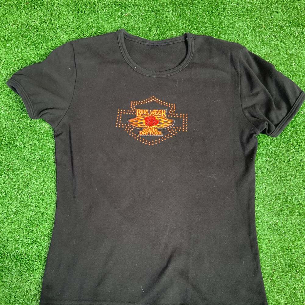 Vintage 2004 Daytona Bike Week Black Tee, Rhinestone & Flame womens, Size M